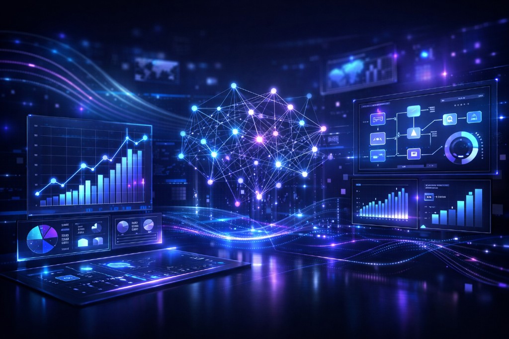 Stylized analytics dashboard with charts, network graph, and data panels in cyan and violet tones.